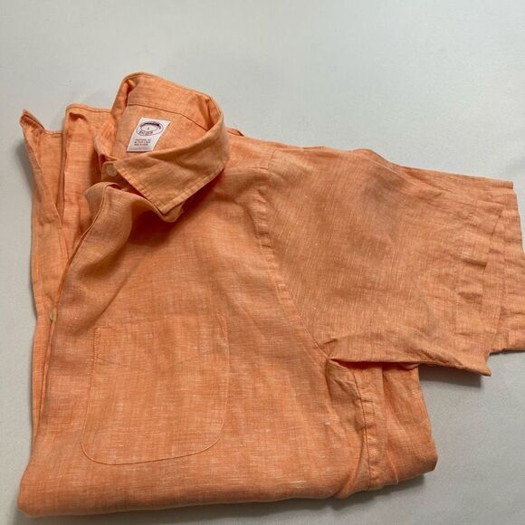 Brooks Brothers Orange Irish Linen Short Sleeve Button Up Shirt Size Large - Picture 8 of 8
